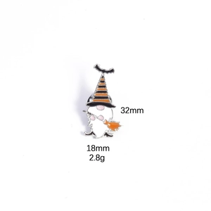 Detail of Halloween gnome enamel pin with wizard hat and broom showing 32mm height scale