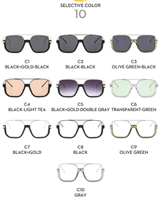 Selection of ten colorful double-bridge semi-rimless square sunglasses on white background