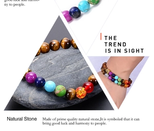 Macro shot of colorful 8mm tiger eye and lava stone beads with buddha head charm