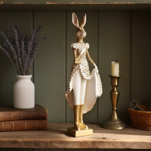 Elegant Victorian resin rabbit statue in white and gold dress for home decor