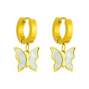 Elegant gold butterfly earrings with mother of pearl inlay and round hoop closure
