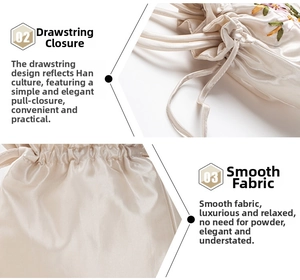 Detail of floral embroidery and drawstring closure on silk fabric handbag