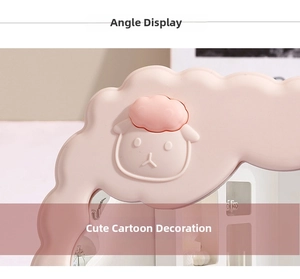Close-up of pink cloud-shaped makeup mirror frame with 3D cute cartoon sheep detail