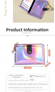 Detail view of iridescent purple PU leather card holder showing internal slots and dimensions