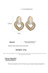 Detailed view of heart-shaped pearl earrings with gold frames and sparkling rhinestones