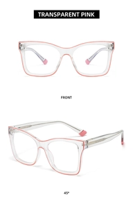 Macro detail of transparent pink cat-eye glasses frame with stylish red outline accents