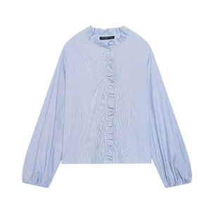 Detail of blue and white striped poplin shirt with ruffle collar and pleated front