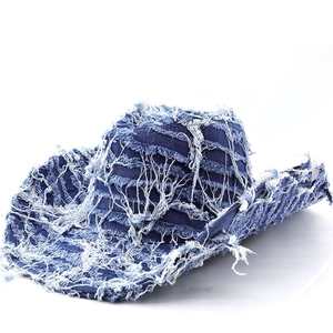 Vintage Distressed Denim Western Cowboy Hat Fringed Ripped Cotton Sun Protection Unisex Punk Streetwear Bucket Hat