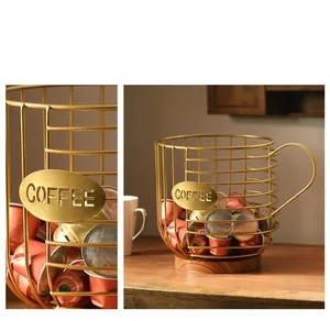 Detail of gold metal wire coffee capsule basket with wood base and decorative label