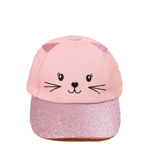 Pink cartoon cat baseball cap for girls with shiny sequins and embroidery on white background