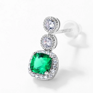 Elegant S925 sterling silver drop earring with large green cushion-cut emerald gemstone