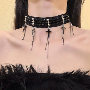 Gothic black crystal choker with silver cross pendants and cascading tassel chains
