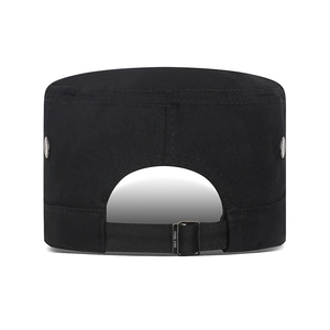 Rear view of adjustable black camouflage flat top military cap with metal buckle closure