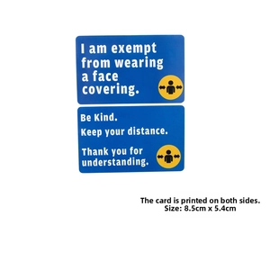 Blue ID card showing 8.5cm by 5.4cm double-sided printing with yellow social distance icons