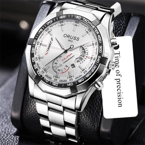 Detail view of silver men's chronograph watch with white dial and luminous steel band