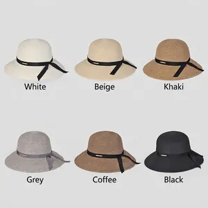 Elegant wide brim straw sun hats with ribbon bows in six various color options