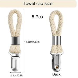 Size specifications for 5-piece rust-proof stainless steel towel clips with beige cotton loops