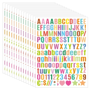 Detail view of colorful 0.5-inch English alphabet and number stickers for scrapbooking