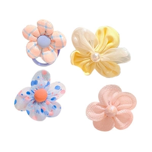 Set de 4 gomas para el pelo con flores para niñas con cuadros rosas y lunares azules