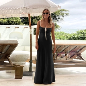 Robe Longue Tricotée À Bretelles Pour Femmes Dos Nu Sexy Resort Wear Sans Manches Texturée Couleur Unie Coupe Slim