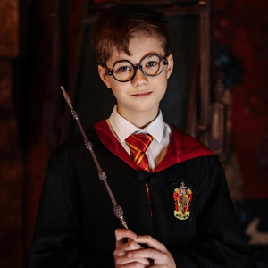 Wizard costume set with Gryffindor robe, magic wand, striped tie, and glasses for cosplay