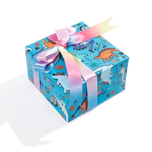 Blue dinosaur gift wrapping paper box with colorful bow and roar design patterns