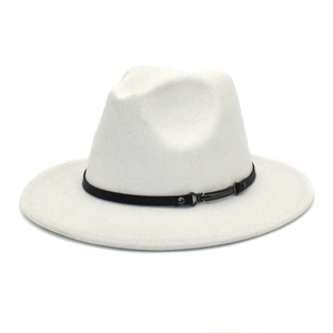 Detailed close-up of a white wool jazz fedora hat featuring a black leather belt buckle