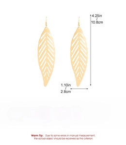Detailed view of gold alloy hollow leaf earrings showing 10.8cm length measurements