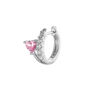 Silver heart-shaped pink zircon hoop earring with white stones on a white background
