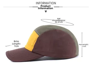 Detailed dimensions of the five-panel color-block outdoor cap with 7cm brim and adjustable strap