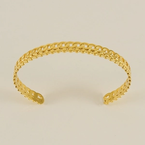 Bracelet jonc ouvert en acier inoxydable 18K doré avec motif chaîne à double couche