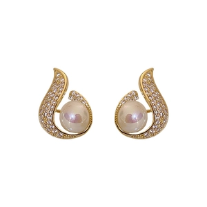 Elegant gold plated mermaid tail stud earrings with pearls and zircon crystals