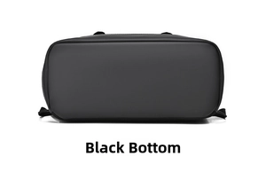 Flat rectangular bottom view of a large black waterproof travel backpack with neat stitching