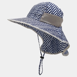 Detail of kids sun hat with neck flap, breathable mesh, and blue chevron pattern