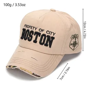 Distressed beige baseball cap with Boston embroidery and camouflage brim detail, 100g