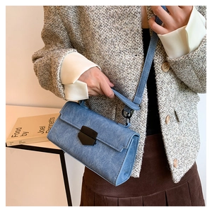 Light blue denim texture small square bag with black metal lock and crossbody strap