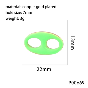 Detailed view of green enamel pig nose link in gold-plated copper with size dimensions
