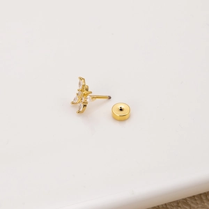 Golden butterfly stud earring with zircon wings and secure flat screw-back design