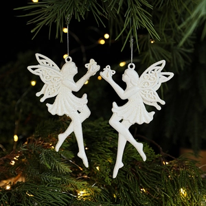 Sparkling white fairy Christmas tree ornaments with glitter finish in a two-piece set
