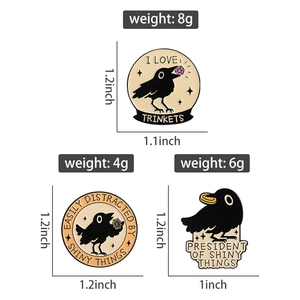 Detailed dimensions and weight for black raven enamel pins with creative quotes
