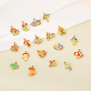 Detailed view of colorful enamel mushroom pendants in stainless steel for DIY jewelry making
