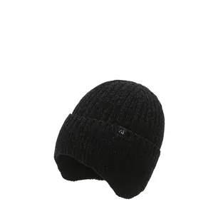 Detailed view of black chenille knit hat with SPORT patch and protective ear flaps