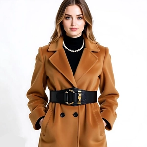 Detail of a black elastic waist belt with gold horseshoe buckle on a camel coat