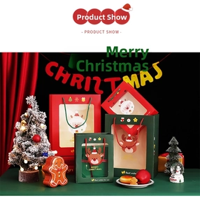 Close-up of Christmas gift bags featuring cartoon Santa and reindeer with rope handles