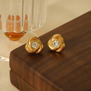 Rose Flower Stud Earrings 18K Gold Plated 304 Stainless Steel Zirconia Inlaid Elegant Vintage Jewelry For Women