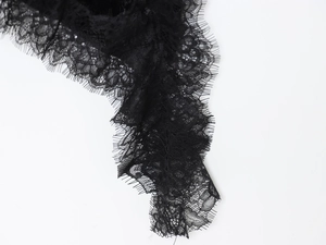Détail de dentelle florale noire avec bordure en cils sur la robe en velours
