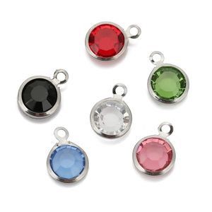 8mm stainless steel round charms with colorful cubic zirconia crystals in various colors