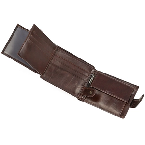 Detailed interior of dark brown leather trifold wallet showing card slots and coin pocket