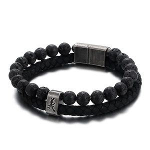 Men's double-layer braided leather bracelet with lava stone beads and silver clasp