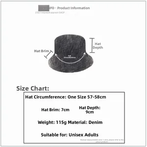 Size chart showing denim bucket hat dimensions: 57-58cm circumference and 7cm brim